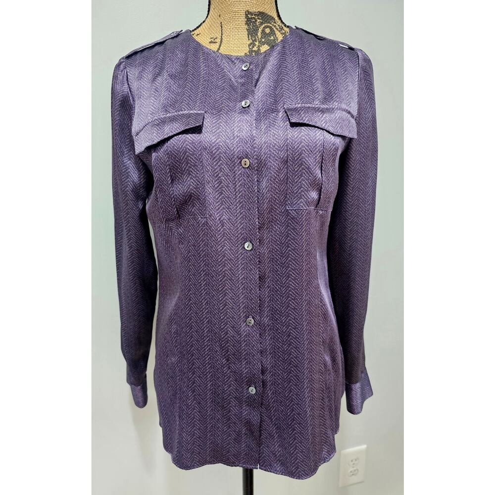 Brooks Brothers Silk Blouse Purple Herringbone Button-Up Luxury Business Sz 2